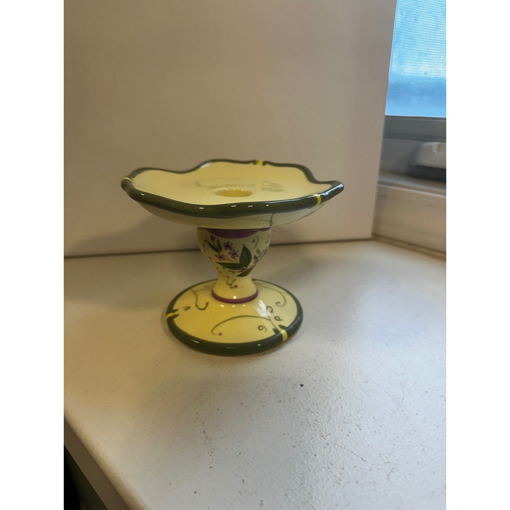 PartyLite Ceramic Floral Candle Holder Pedestal Scalloped Yellow Green P0484